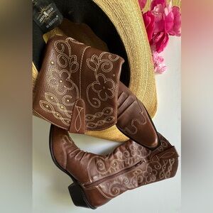 Brown Embroidered Heeled Boots